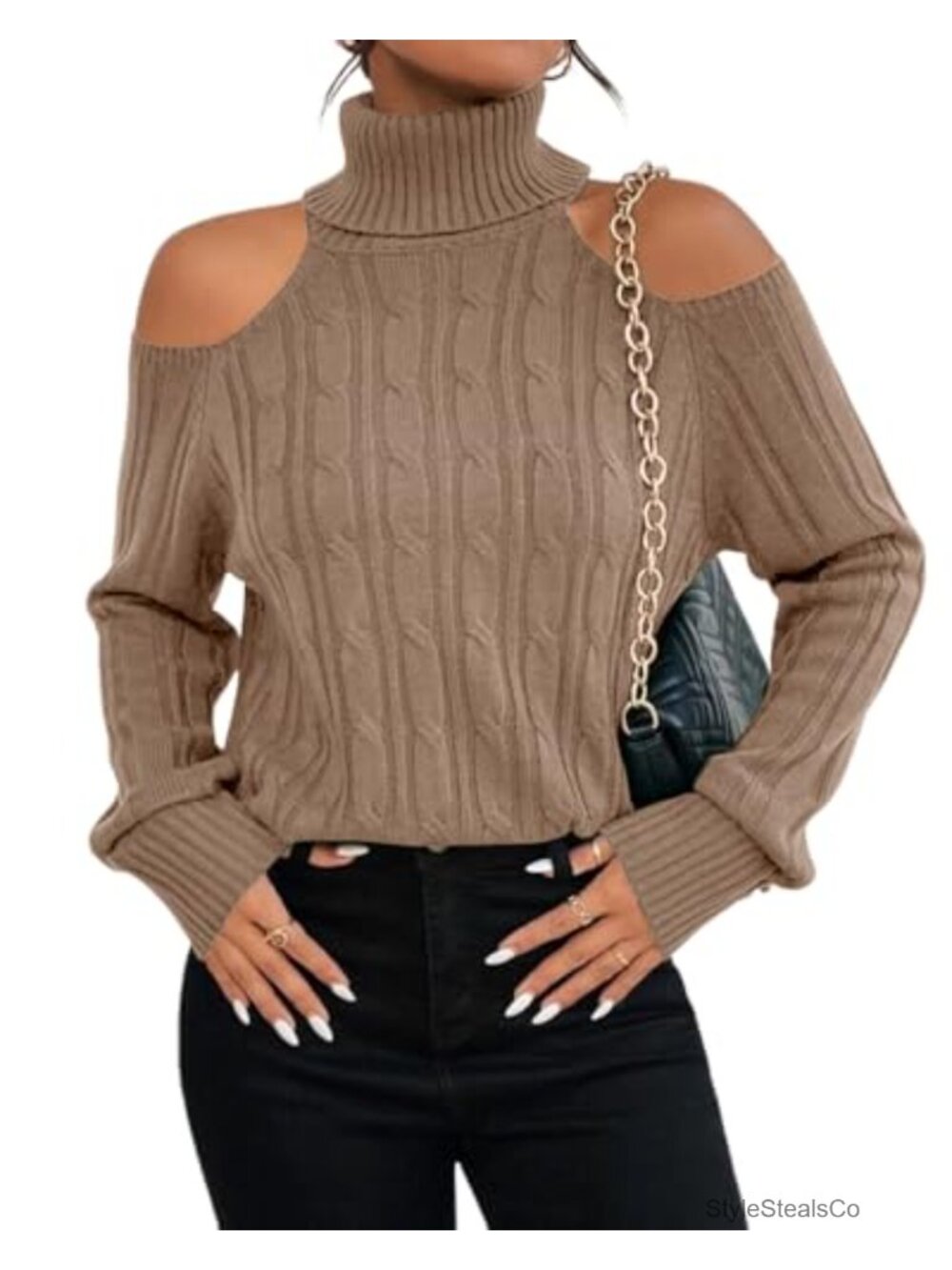 Womens Turtleneck Cold Shoulder Cable Knit Sweater Pullover